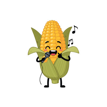 Cute singing corn on the cob cartoon vector illustration mascot.