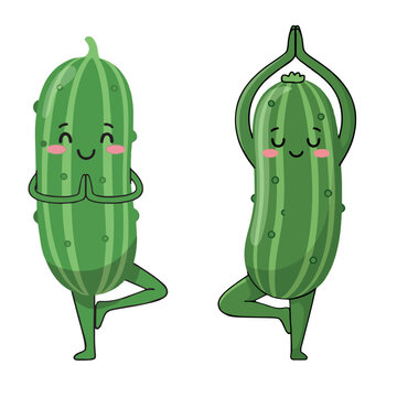 Cute yoga cucumbers cartoon vector illustration. Healthy vegetable characters meditating.