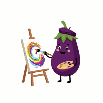 Cute artist eggplant cartoon vector illustration. Funny vegetable character painting on canvas.