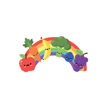 Cute fruit and vegetable rainbow cartoon illustration. Happy healthy food characters.