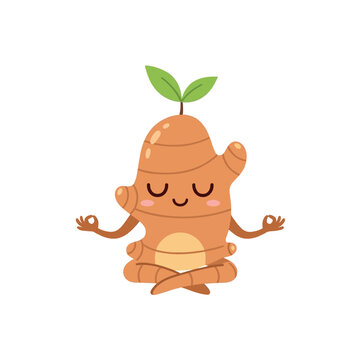 Cute meditating ginger cartoon vector illustration. Zen root vegetable character mascot.
