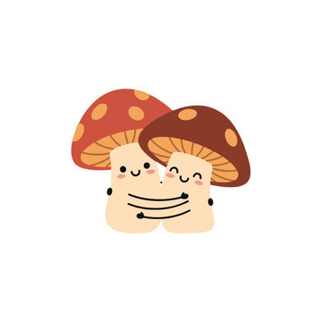 Cute hugging mushrooms cartoon vector illustration. Happy fungi couple character mascot.