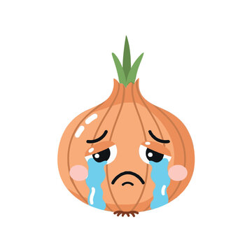Crying onion cartoon vector illustration. Sad vegetable character mascot with tears.