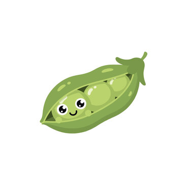 Cute green peas in pod cartoon vector illustration. Happy vegetable character isolated.