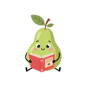 Cute pear reading book cartoon vector illustration. Smart fruit character mascot.