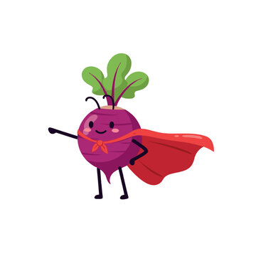 Cute beetroot superhero cartoon vector illustration. Happy vegetable character with red cape.