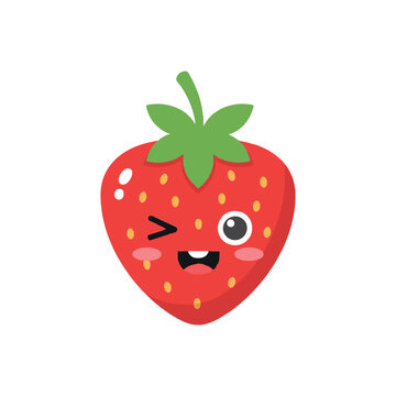 Cute strawberry cartoon vector illustration. Happy winking fruit character mascot.