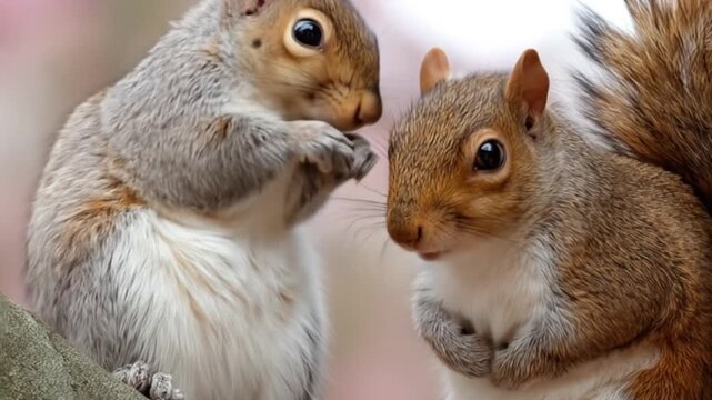 Two squirrels in natural habitat close up brown and grey furry animals