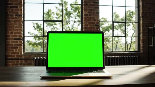 Green Screen laptop with blank static footage trees swaying or moving in the wind home interior loft office background 4k 24fps uhd loop video scene 1 distortion, overlay, glitch, noise, scan lines on