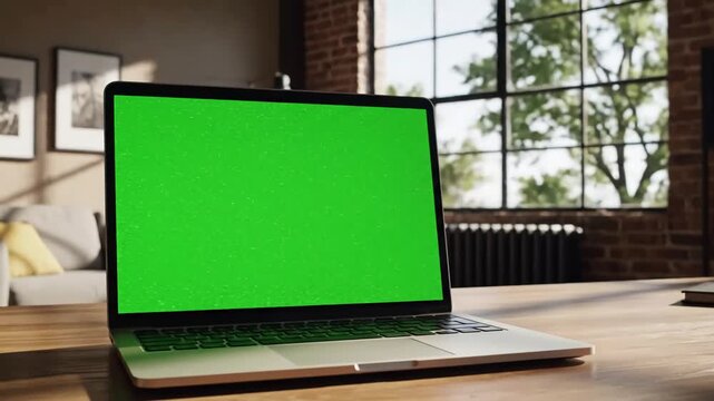 Green Screen laptop with blank static footage trees swaying or moving in the wind home interior loft office background 4k 24fps uhd loop video scene 2 distortion, overlay, glitch, noise, scan lines on
