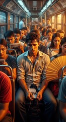 Fototapeta premium Interior view of an extremely packed public transit vehicle during a suffocating summer heatwave. Occupants are pressed together tightly, passengers, crowded, density