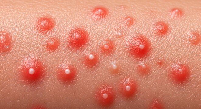Macro shot detailing the bumpy, inflamed texture of skin suffering from prickly heat during intense summer weather, blisters, heat wave, spots
