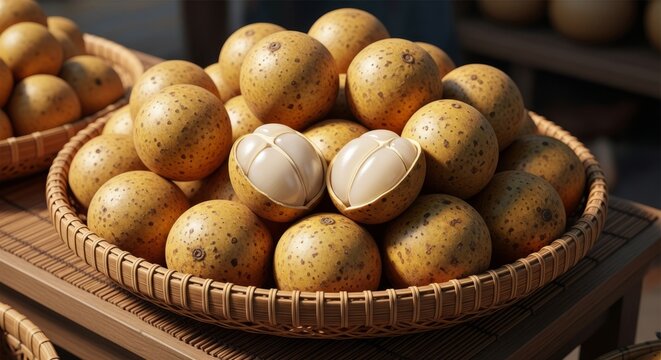 Fresh duku fruit with pale yellow skin and juicy translucent flesh. Sweet tropical fruit perfect for healthy food, fresh produce, and exotic fruit concepts.