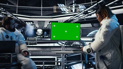 Fototapeta premium Astronaut reviewing onboard analytics on green screen monitor before stepping outside space station. Cosmonaut verifying parameters on mockup display after landing on planet