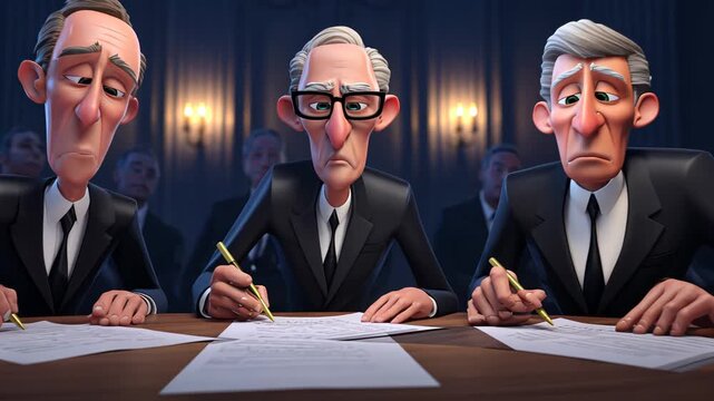 Animated Characters in Cartoon Style: Three Men in Black Suits Engaged in Negotiation Scene in Office Setting with Dramatic Lighting and Humorous Undertones