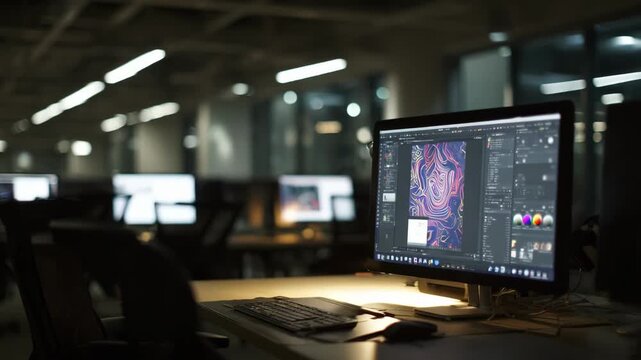 A digital design labs workspace featuring a pen tablet and a large monitor glowing with intricate graphic layers while the darkened rows of other stations remain out of focus.