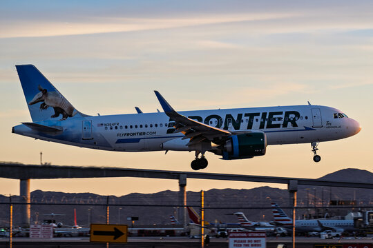 sky harbor airport 2-14-2026 Phoenix, AZ USAFrontier Airlines Airbus A320Neo N364FR Sunset arrival at Phoenix Sky Harbor Intl. Airport.