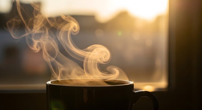 A steaming cup of hot espresso in a dark cafe emits a thick white aroma of smoke and heat, resembling a burning flame or candle light against the black background