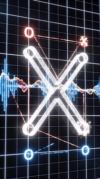 CGI Medical Audiogram Visualization of Hearing Thresholds and Sound Frequencies Against a Grid Background with Neon Blue and Red Waveforms