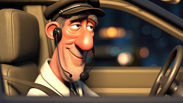 Animated Pilot Character in Car Interior with Humorous Expression and Stylized Design at Nighttime City Cockpit View