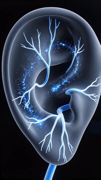 CGI Medical Visualization Depicting Inner Ear Balance System Disruption with Neural Pathway Stimulation for Vertigo Concept on Dark Background Educational Healthcare Presentation
