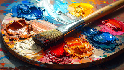 Obraz premium Vibrant oil paint palette with a paintbrush and a multitude of colors
