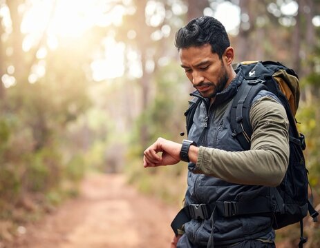 Focused Hiker Checking Smartwatch in Sunny Forest.