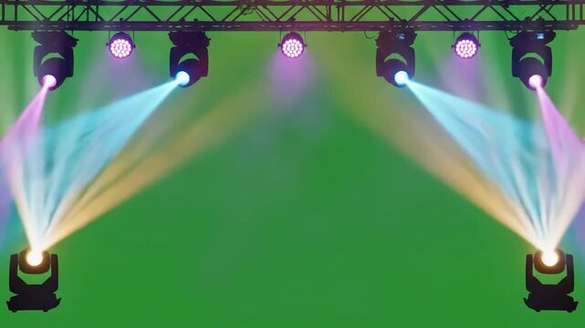Green Screen dj stage lights on background light beams spotlights chroma key 4k video effect copy space scene 4 with distortion, overlay, glitch, static noise, scan lines black background, animated