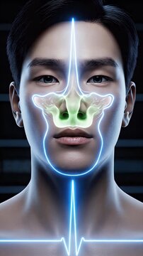 CGI Medical Visualization of Asian Male Sinus Cavity Health Scan with Neon Blue EKG Waveform and Luminous Green Nasal Passages Against Dark Digital Background