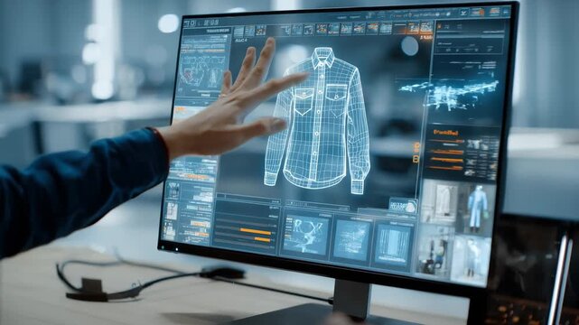 Closeup of a developer designing augmented reality retail interfaces with virtual product displays and interactive shopping elements in a hightech workspace.