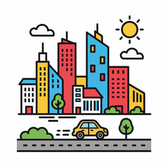 Colorful Cartoon Cityscape with Buildings and Car.