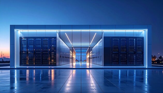 Modern Data Center Exterior with Blue Neon Lighting at Dusk.
