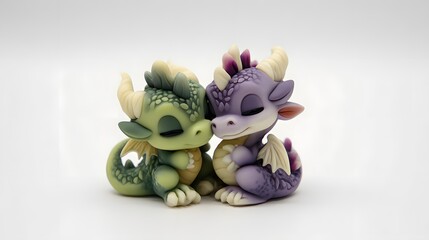 Fototapeta premium Two Adorable Dragon Figurines - A Green and a Purple Dragon Cuddle Together on a White Background.
