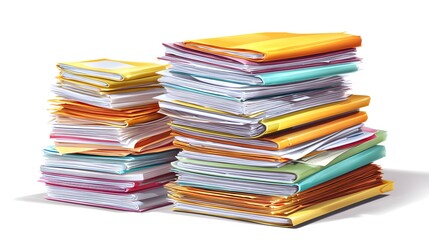 Two stacks of colorful documents and files on a white background.