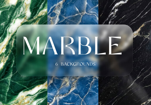 6 Multicolored Marble Texture Background. Collection of Emerald, Navy Blue, Black Natural Stone Surface