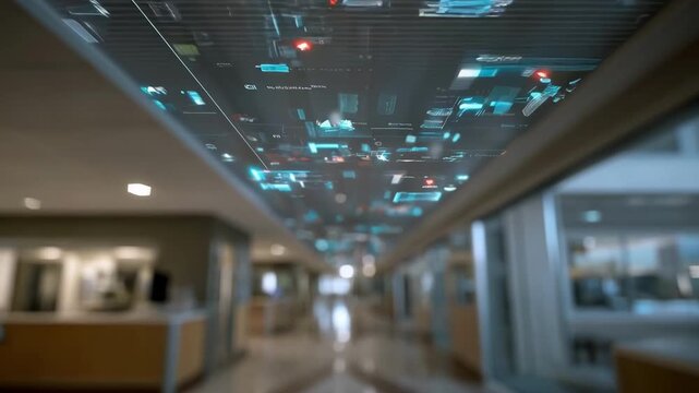 Medium shot from below capturing AIassisted ceiling screen projecting realtime anonymized patient flow data and wait time predictions with the busy hospital environment softly out