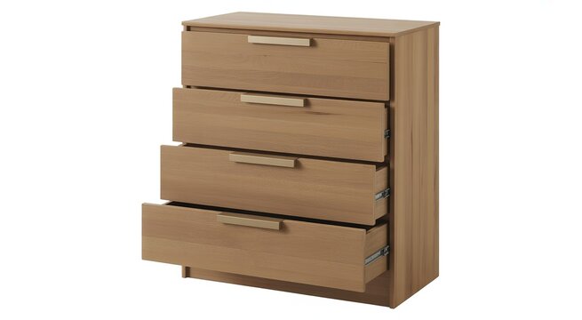 Light brown wooden chest of drawers with four drawers and brushed metal handles wooden furniture bedroom furniture