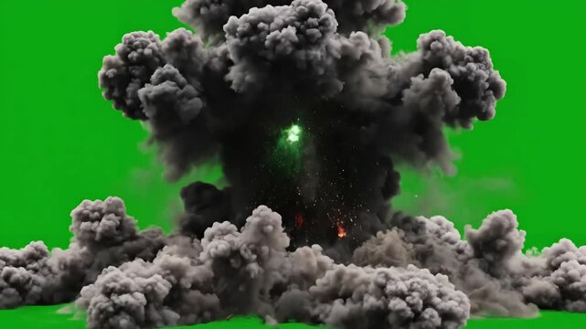 Green Screen violent explosion with short duration fire and cloud of smoke on or chroma key flame effect can be used for detonation explosives bomb weapons radioactivity animation 4k scene 2