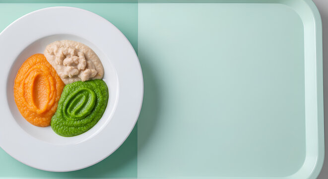 Shallow plate with neatly separated portions of pureed vegetables and protein placed on the left third of a pale mint hospital tray, wide empty right area as negative space.