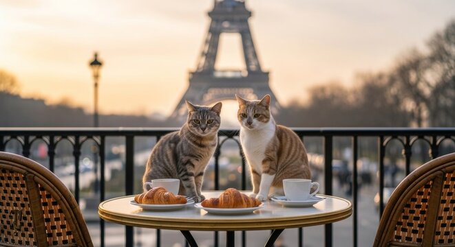 Two cats sitting at table with coffee and croissant on balcony with view of Eiffel Tower in Paris. Romantic travel concept and european city landmark background at sunset time.