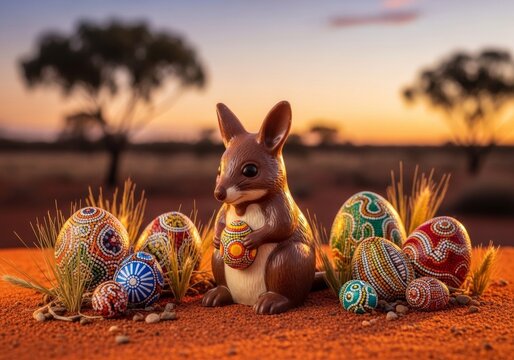 Bilby with decorated Easter eggs on Australian desert ground at sunset. Traditional aboriginal dot painting style. Wildlife festive concept for Easter celebration in Outback wilderness.