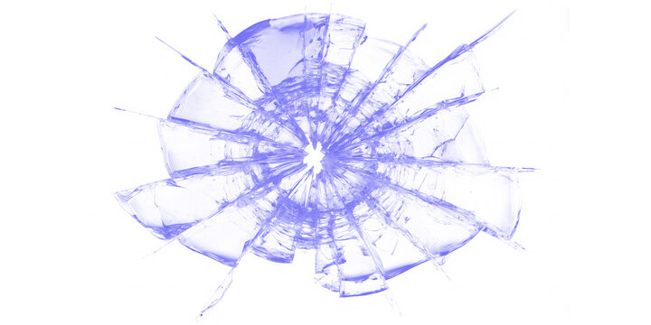 A close-up of a shattered glass surface with a purple hue on a black background