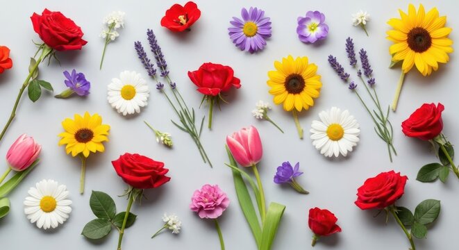 Colorful Flowers Arranged on White Background.