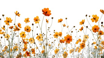 Fototapeta premium Vibrant orange cosmos flowers blooming against a bright white background, creating a cheerful floral display.