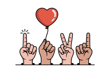 Obraz premium Cartoon hands with gestures and heart balloon, playful illustration for love and friendship concepts