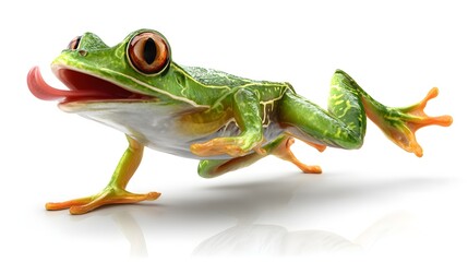 Obraz premium Vibrant Red-Eyed Tree Frog with Tongue Extended on White Background.