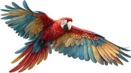 Fototapeta premium Vibrant Scarlet Macaw in Flight with Wings Spread Wide on White Background.