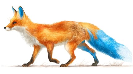 Obraz premium Vibrant Watercolor Fox with Blue Tail and Ears on White Background.