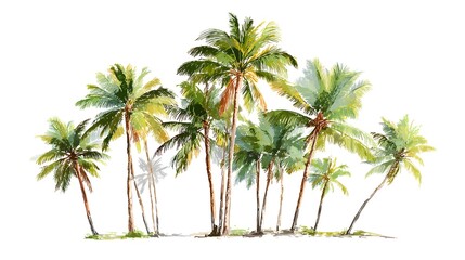 Obraz premium Watercolor painting of a cluster of vibrant green palm trees on a white background.