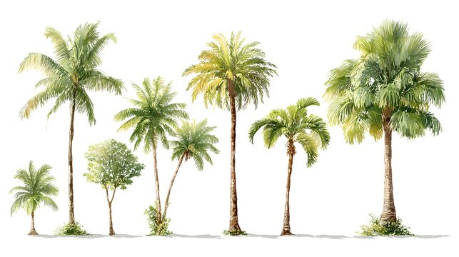 Watercolor illustration of various palm trees on a white background.
